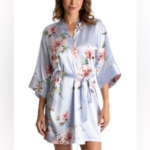 NWT Linea Donatella Blue Floral Print Satin Wrap Robe Size Small / Medium Bridal